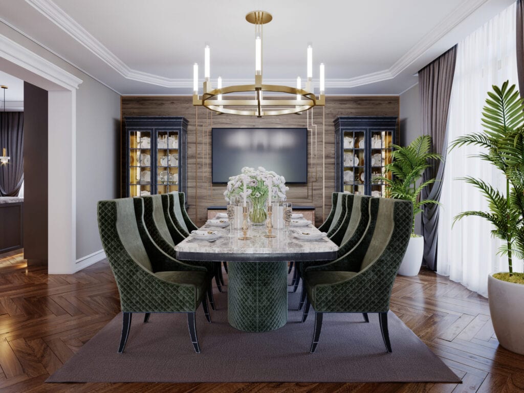 Luxueux intérieur de salle à manger tendance dans le style art déco, intérieur beige avec des meubles verts. Table rectangulaire avec six chaises. Rendu 3D.