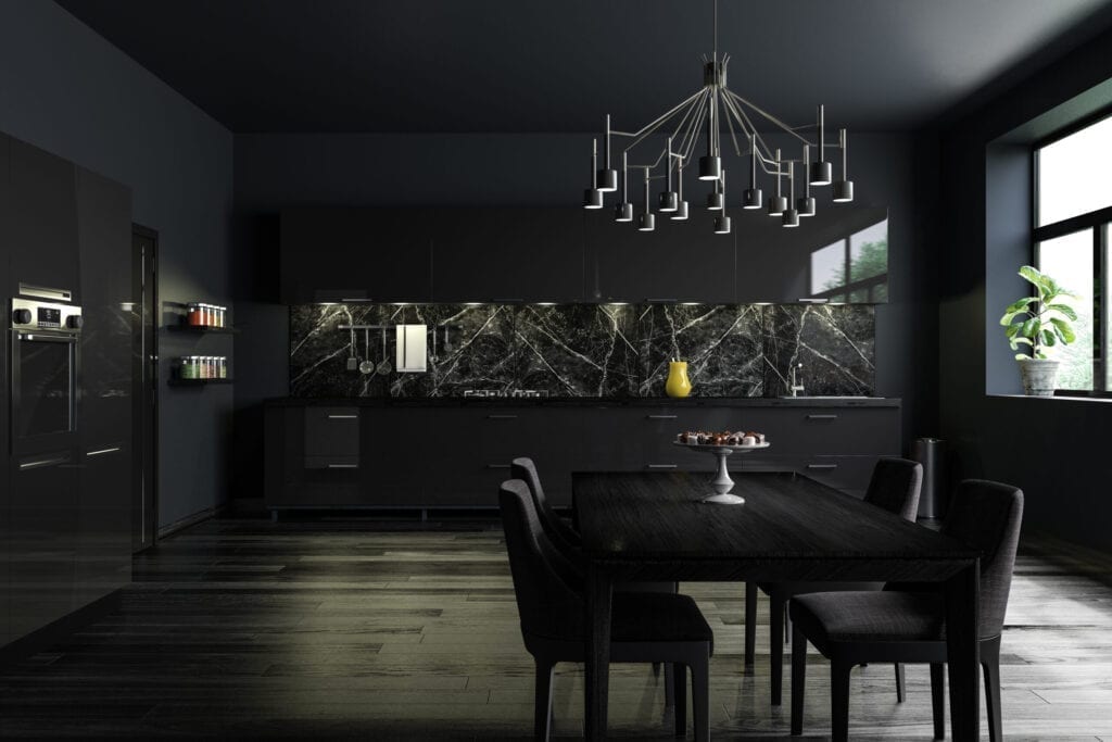 Image de rendu 3D d'un intérieur de cuisine de luxe noir