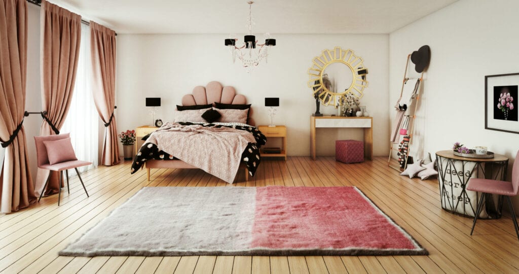 Décoration intérieure d'une chambre de fille rose, chaleureuse et confortable, générée numériquement, avec un lit en désordre et de nombreux accessoires. La scène a été rendue avec des shaders et un éclairage photoréalistes dans Autodesk® 3ds Max 2016 avec V-Ray 3.6, avec quelques ajouts de post-production.